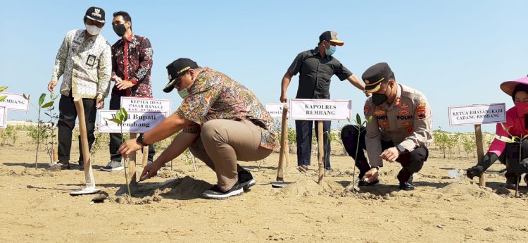 Wakil Bupati Rembang, Gus Hanies bersama Kapolres Rembang AKBP Dandy Ario Yustiawan, S.I.K melakukan penanaman Mangrove di pantai Desa Pasar Banggi Kecamatan Rembang, Selasa (12/10/2021) pagi dalam rangka program "Mageri Segoro". (AFI/RMOLjawatengah.id)