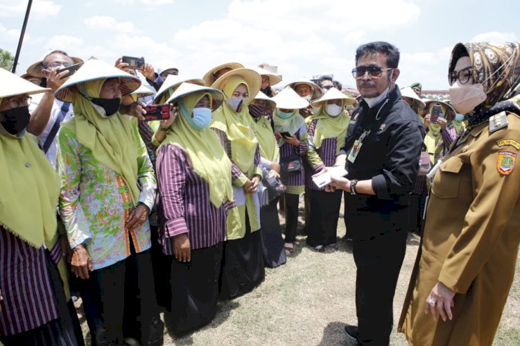 Mentan SYL bersama Bupati Sukoharjo Etik Suryani saat panen raya padi IP/RMOLJateng