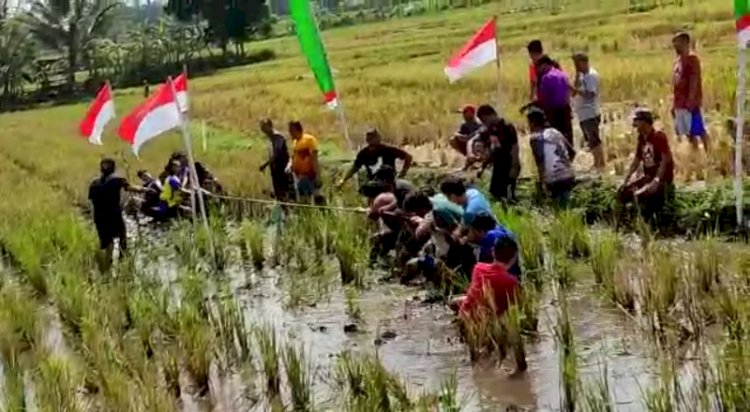 Tarik tambang di tengah sawah pilihan warga Perumahan Taman Mutiara (Tamut), Kelurahan Tingkir Tengah, Kecamatan Tingkir, Salatiga memeriahkan rangkaian HUT RI ke-77, Minggu (14/8). 