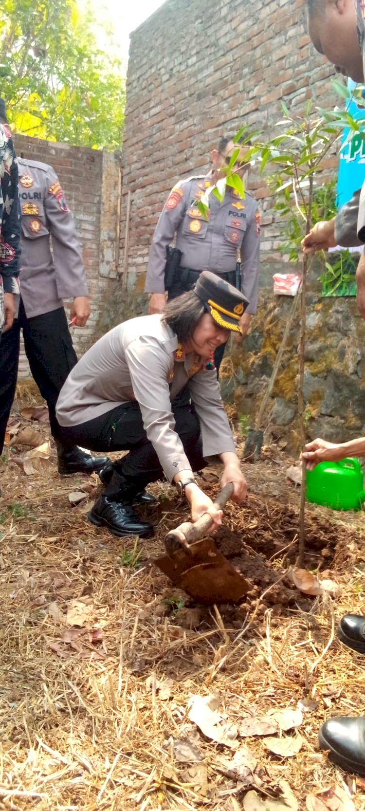 Kapolres AKBP Yolanda Evalyn Sebayang menanam bibit pohon Damar di halaman belakang Balai Desa Sukosari.