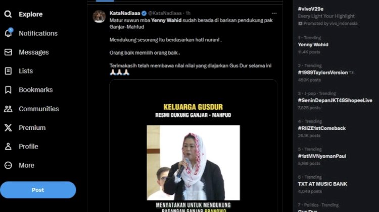 Yenny Wahid, Putri Presiden ke-4 RI, Abdurrahman Wahid atau Gus Dur Yenny Wahid, trending di Twitter X. Dok