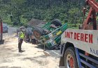 Menambah Kecepatan Di Jalan Tanjakan, Truk Kontainer Terguling Di Tikungan Jambu