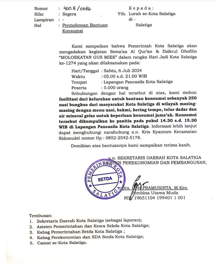 Surat Permohonan Bantuan Konsumsi Ditujukan Kepada Kelurahan Se-Salatiga Guna Menyukseskan Kegiatan Sema'an Al-Quran Di Alun-Alun Pancasila Salatiga, Sabtu (06/07). Erna Yunus B/RMOLJawaTengah