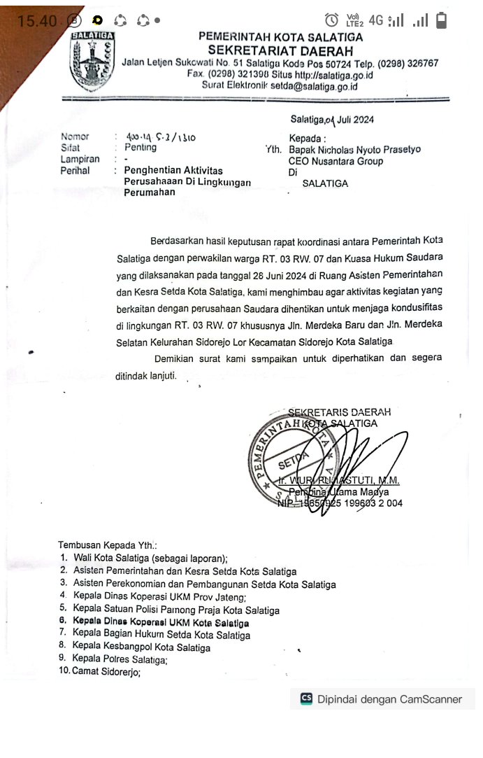 Surat Yang Ditandatangani Sekda Wuri Pudjiastuti Agar BLN Menghentikan Kegiatan Di Kawasan Pemukiman Di Salatiga. Erna Yunus B/RMOLJawaTengah