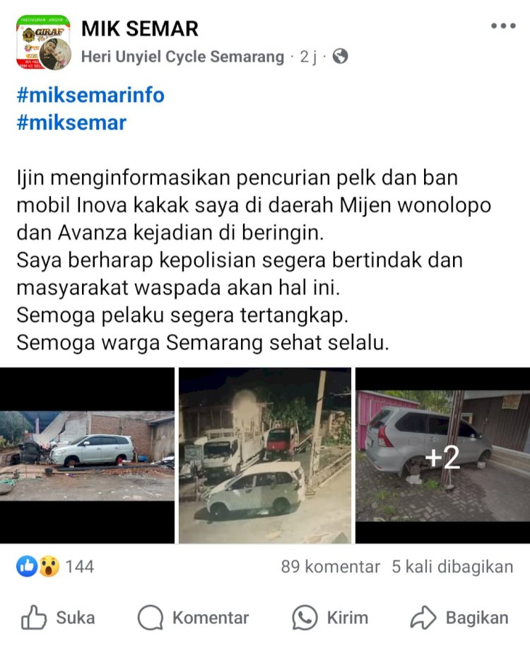 Terjadi Beberapa Kasus Mobil Parkir Milik Warga Di Ngaliyan, Mijen, Dan Boja, Dicuri Rodanya Yang Membuat Masyarakat Resah. Tangkapan Layar Media Sosial Instagram Akun MIK Semar