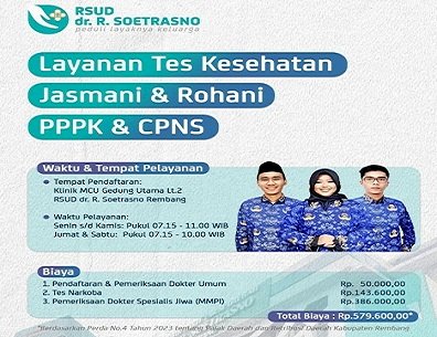 Pamflet Layanan Tes Kesehatan Jasmani & Rohani PPPK & CPNS RSUD Dr. Soetrasno Rembang. Yon Daryono/RMOLJawaTengah