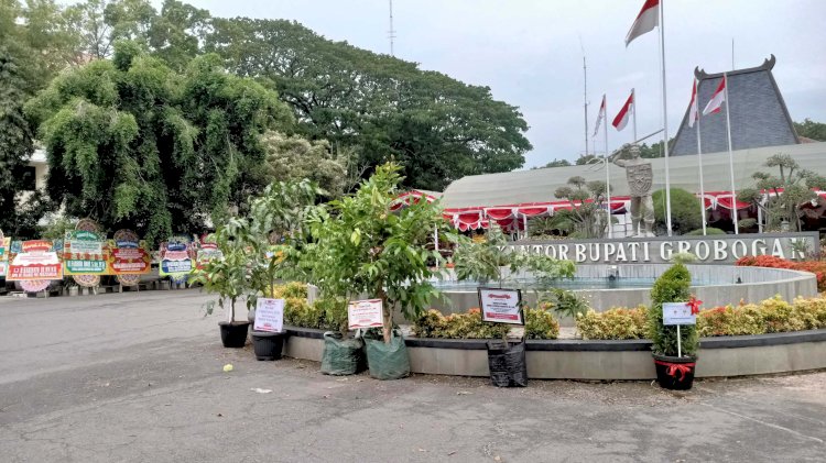 Lima karangan ucapan dari pohon buah di depan Pendapa Kabupaten Grobogan yang mencuri perhatian,  Kamis, (20/2) sore. Rubadi/RMOLJateng.