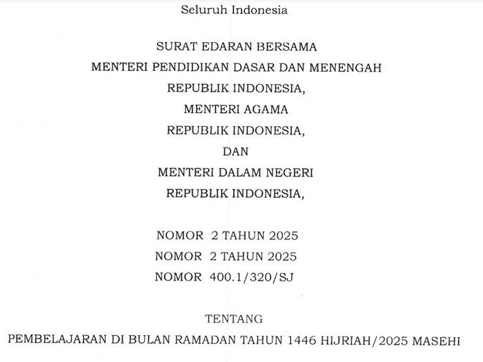 Surat Edaran Bersama Menteri Pendidikan Dasar Dan Menengah, Menteri Agama, Dan Menteri Dalam Negeri Tentang Pembelajaran Di Bulan Ramadan Tahun 1446 Hijriah/2025 Masehi. Kementerian Agama