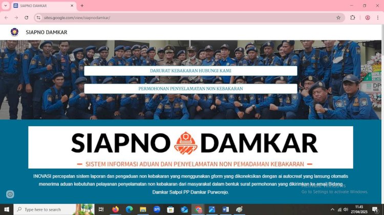 Tampilan Laman Damkar Purworejo Untuk Sistem Laporan Responsif Berbasis Kecerdasan Buatan, Diluncurkan Rabu (30/04). Tangkapan Layar